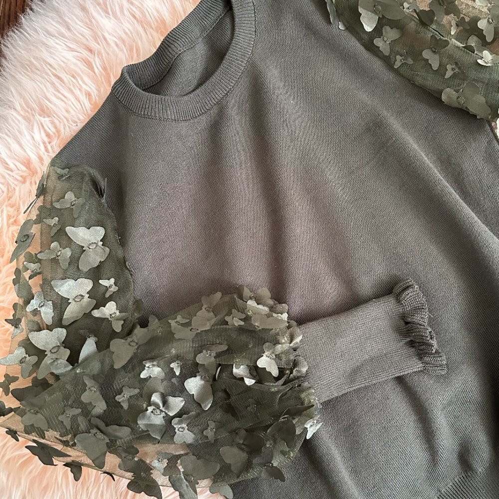 3D Butterflies Mesh Sleeves Green Knit Top Sweater